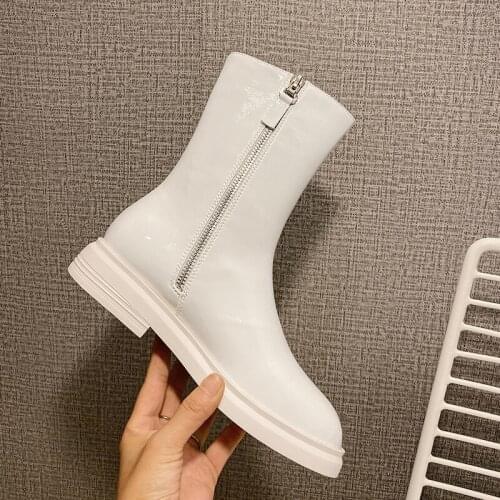 2021 Women Genuine Leather Boots Fashion Handmade Cow Leather Patent Leather Short Boots Platform Short Boots