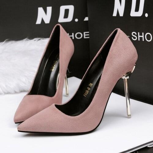 Women pumps Flock Slip On 8CM 10.5CM Thin Heels High heels Pointed Toe Shallow shoes for women women shoes 2020 size 35-42 black