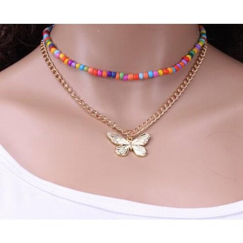 2020 Boho Choker Set Fashion Butterfly Choker Beaded Chain Necklaces Pendants for Women Multi Layer Jewelry Collar