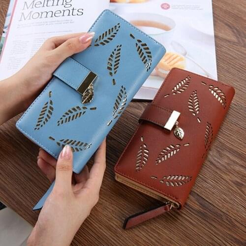 Women Wallet Female Purse Leather Women Wallet Card Holder Coin Purse Phone Wallet Cash Pocket Photo Clutch Bag Leaves Design