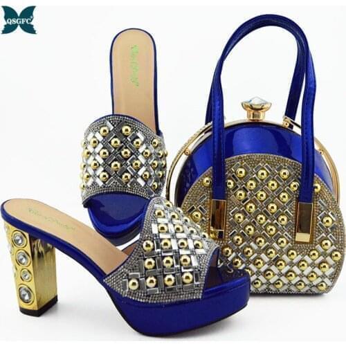 2021 Italian Design African New Arrival Fashion High Heels Royal Blue Color Ladies Shoes and Bag Set With Platform