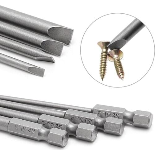 4Pcs 100mm Slotted Screwdriver Bit 3mm-6mm S2 Magnetic Flat Head 1/4" Hex Shank High Quality