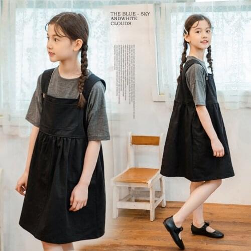 Children Summer Clothes Suspenders Skirt Set for Girls Short Sleeve T Shirt Black Vest Dress Set School Trend Teens Kids Outfits