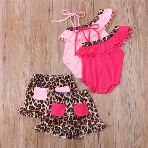 Infant Off-shouler Romper + Shorts Leopard Print Bandage Pocket Tassel Decoration Summer Clothing for Baby Girls 0-12 Months