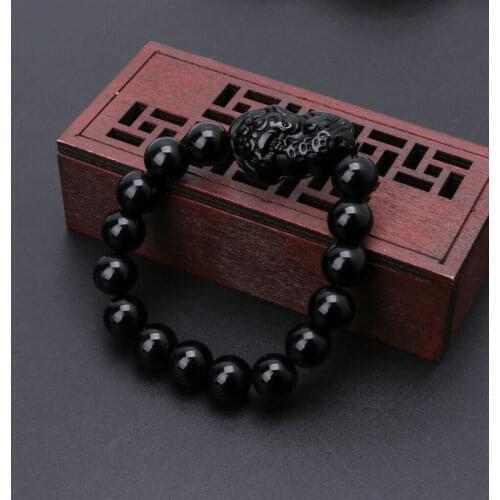 Feng Shui Pi Xiu Obsidian Black Stone Beads Bracelet Men Women Wristband Gold Wealth and Good Lucky Bracelets Jewelry