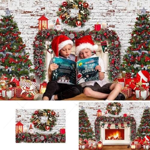Winter Christmas Fireplace Photography Backdrop White Brick Wall Socks Gifts Wreath Decorations Merry Xmas Party Background