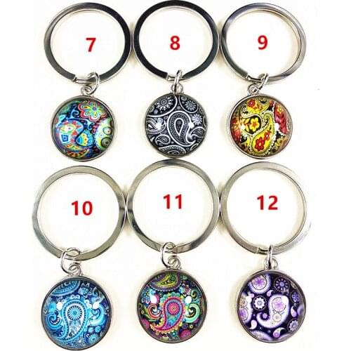 Jiangzimei 24pcs/lot (Mixed 12 styles)National Style Mandala Bandana Paisley key ring ,Religion, Zen Glass Dia 20MM Key chain