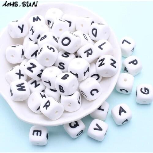 MHS.SUN 100pcs Square silicone english letters beads chewable 12mm BPA free teething teether beads DIY baby nursing jewelry/toys
