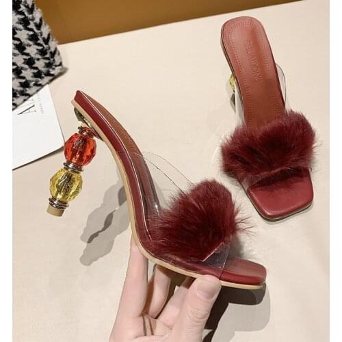 Summer Women Shoes Woman Slides Transparent Perspex Crystal High Heels Fur Peep Toe Mules Slippers Ladies Slides Shoes Plus Size