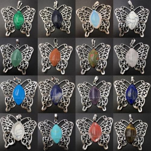 Malachite Lapis Lazuli Cherry Quartz Tiger Eye Crystal Opal Blue Sand Jaspe Aventurine Howlite Butterfly Pendant Bead 1Pcs WB629