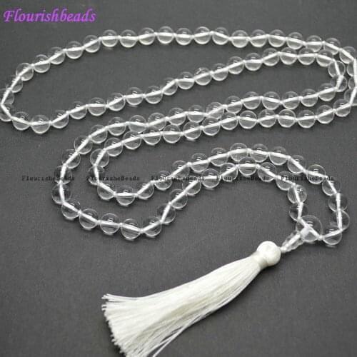 Natural 8mm Clear Crystal Quartz 108 Stone Round Beads Tassel Pendant Kontted Mala Prayer Necklace Jewelry