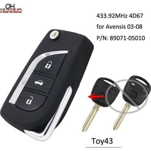 Upgraded Remote Key Fob 433.92MHz 4D67 Chip for Toyota Avensis 2003-2008 P/N:89071-05010 TOY43 Blade