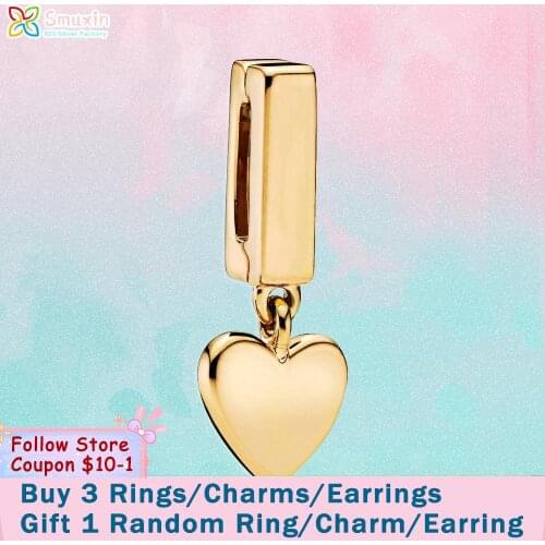 Smuxin 925 Sterling Silver Golden Heart Dangle Clip Charm fit Original Pandora Reflexion Bracelets for Women Jewelry Girl Gift