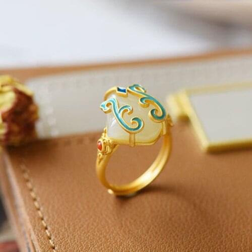 Natural South Red Hetian Jade Ring S925 Sterling Silver Gilding Court Vintage Ethnic Style Enamel Color Burnt Blue Ornament for