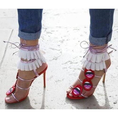 Drop Ship Woman Red Lips Mouth Embroidery Lacework Sandals Female Sexy Party Gladiator Ankle Ruffles Lace Up High Heels Shoes