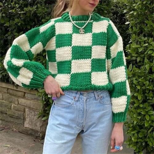 Vhiuat Pullovers Women Fashion Green Plaid Knit Sweater Autumn Winter 2021 Casual O Neck Loose Warm Jumper Streetwear Knitwear