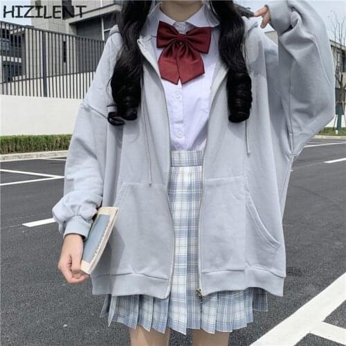 Gray basic Zip-Up Sweatshirt Winter Jacket female oversized college Hoodies Women loose Vintage Pockets Long Sleeves Pullovers