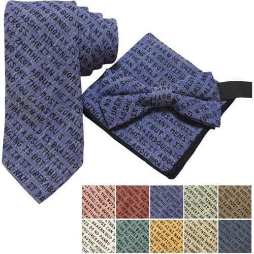 Slim Mens Tie Set Cotton Letter Gift Set For Men Butterfly Self Bow Tie Bowtie Pocket Square Handkerchief Hanky Suit Set Necktie