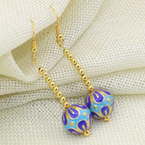 Vintage ethnic style hot sale high quality gold-color long dangle Chinese cloisonne drop earrings for women gifts jewelry B2586