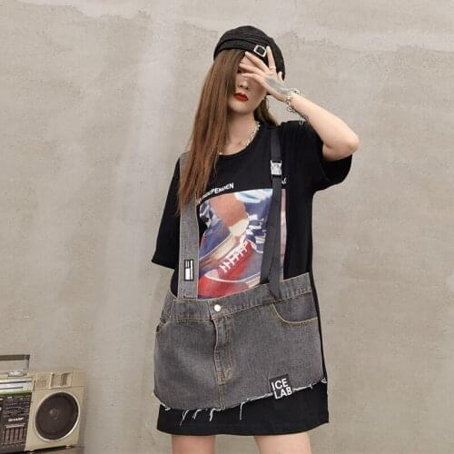 2021 Spring Patchwork Demin Long T Shirt For Women Hip Hop Style Bear Pattern Loose Dress T Shirt