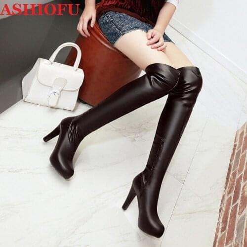 ASHIOFU Handmade New Womens High Heels Boots Party Prom Over-the-knee Boots Platform Sexy Evening Winter Fashion Long Boots