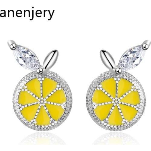 ANENJERY 925 Sterling Silver Simple Design Zircon Lemon Fruit Earrings For Women pendientes oorbellen S-E801