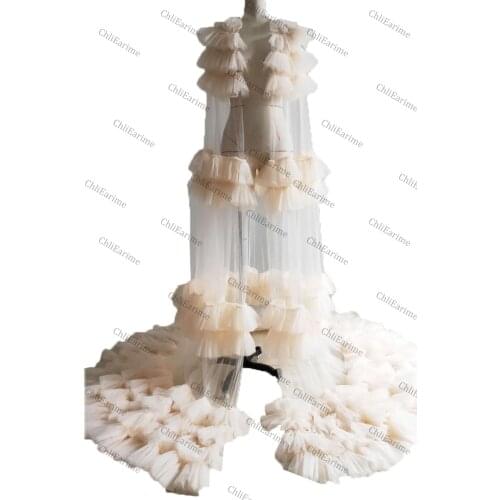 Ladies ruffled fairy chiffon tulle light luxury dress robe dress