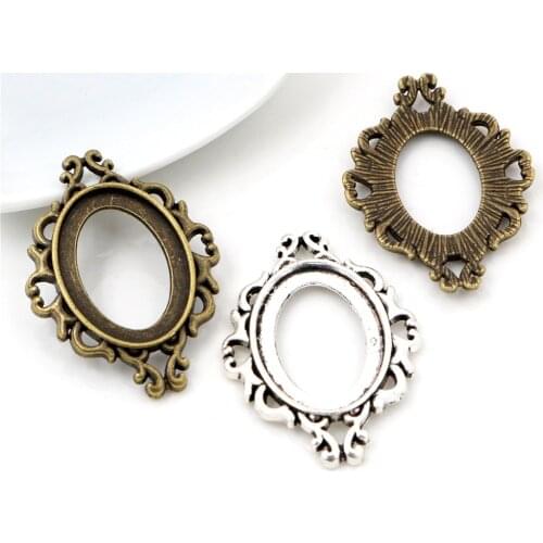 10pcs 18x25mm Inner Size Antique Silver Plated and Bronze Flowers Style Cameo Cabochon Base Setting Pendant necklace findings