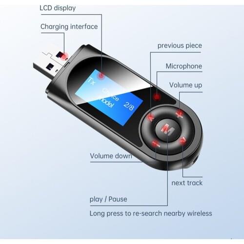 3.5 AUX Bluetooth 5.0 Adapter Wireless USB Bluetooth Receiver Music Audio Transmitter for PC TV Car AUX Adaptador LCD Display
