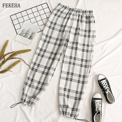 Summer Plaid Pants Women Loose Wide Leg Pants Thin Elastic Waist Lady Trousers Female Clothes