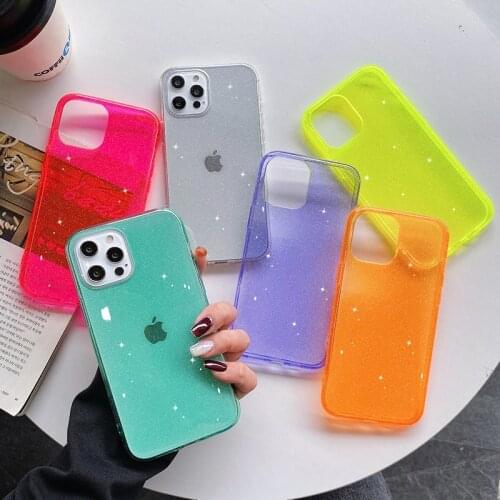 Camera Protection Glitter Phone Case For iPhone 12 11 Pro Max XR X XS Max 7 8 Plus SE 2020 Soft TPU Fluorescent Clear Back Cover