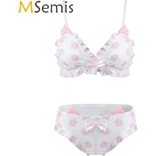 Womens Girls Paw Print Bowknot Lingerie Suit Underwear Pleated Lace Trimming Removable Padded Bra with Briefs Underpants