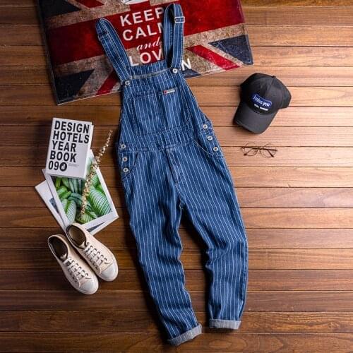 New Men Casual Stripe Printed Blue Denim Overalls Jpanese Vintage Tooling Jumpsuit Mens Rompers Fashion New Arrival Jeans