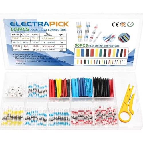 Electrapick 110pcs Heat Shrinkable Tube Wire Cable Connector Soldered Connector + 90 Heat Shrink Tubing w/ Mini Stripping Knife