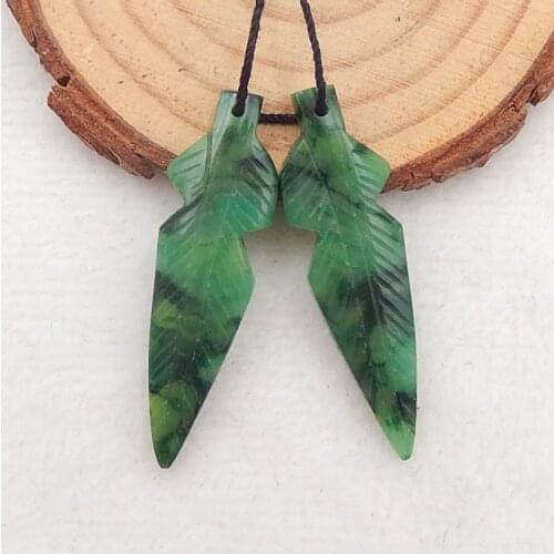 Hot Sale Carved African Jade Feather Earring Beads,Semiprecious jewelry earring 41x12x4mm，5.5g