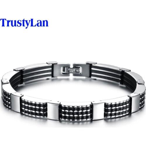 TrustyLan Classic Man Bracelets For Men Friends Jewelry Black Silicone Bracelet Male Stainless Steel Heren Armband Armbanden