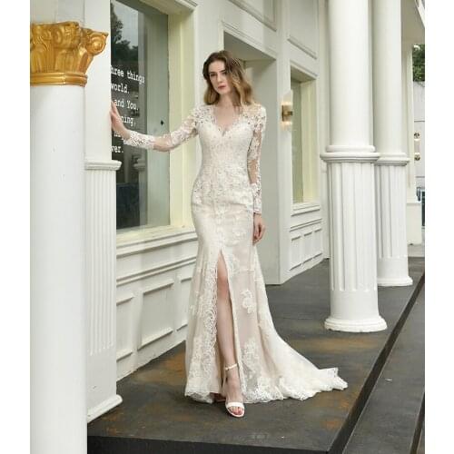 2020 Fashion Lace Wedding Dress Long Sleeve V Neckline A Line Front Split Vestido De Noiva Bohemia Wedding Gowns