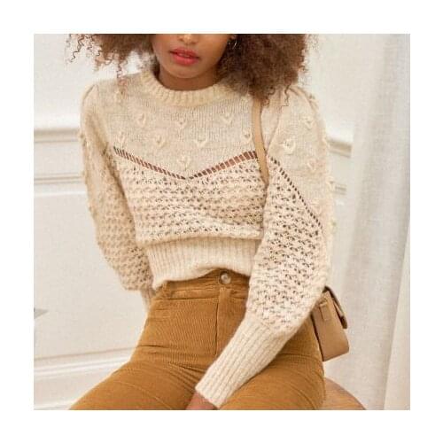 2021 Autumn and Winter New Round Neck Crochet Hollow Design Puff Sleeve Sweater