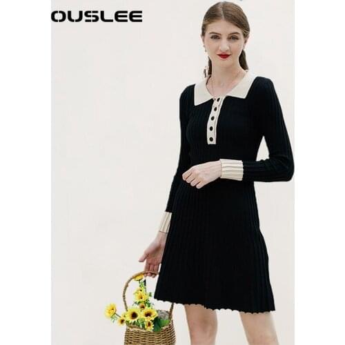 OUSLEE New Knit Women Sweater Dress Thick Warm Turn-down Collar Pleated A Line Dresses Spring Pullover Midi Dress Office Ladies