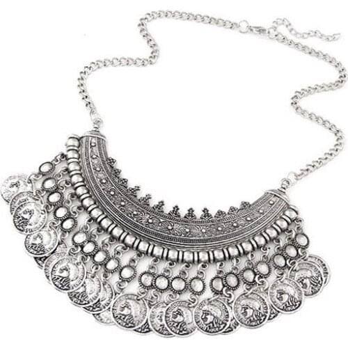 Retro tassel statement necklace with gypsy coin pendant Bohemia ethnic embossed coins necklaces for women