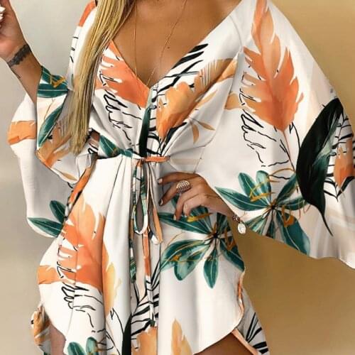 Women Summer Fashion Pattern Print Party Dress Elegant Sexy V-Neck Lace Up Mini Dress Asymmetric Lady Casual Bat Sleeve Dresses