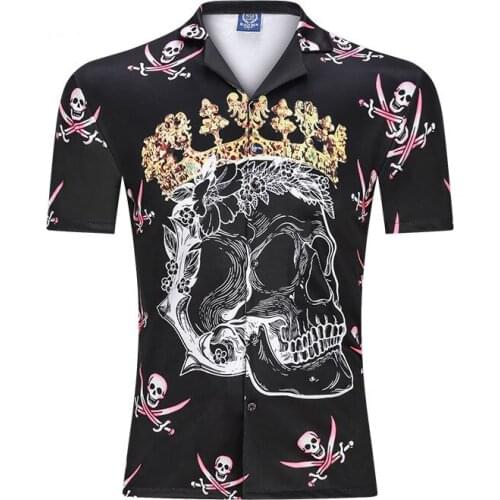 Summer New Shirts Print Skulls Crown Men Shirt Brand High Quality Black Casual Loose Shirts Short Sleeve Camisa Men Clothing