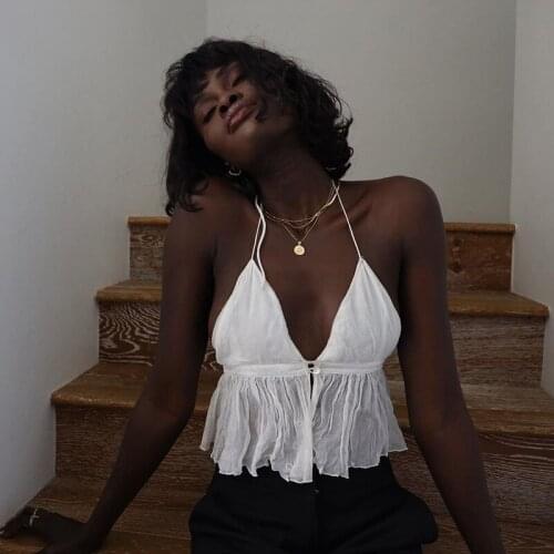 Sexy Chiffon V-Neck Halter Crop Top Y2K Women Summer Fashion Beach Club Outfit Transparent Backless Black White Camisole Top New