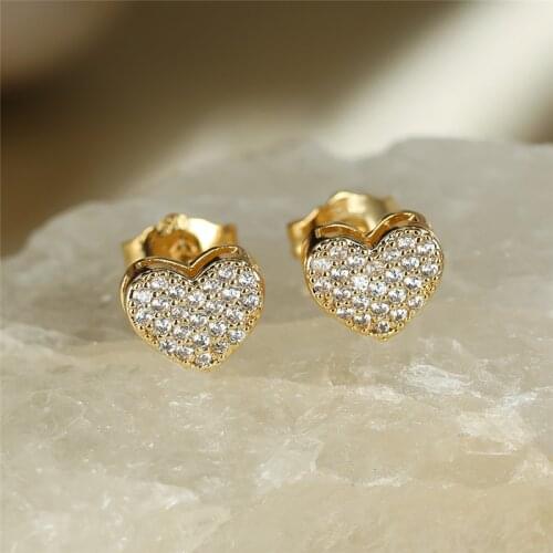 Luxury Crystal Cute Heart Small Earrings White Zircon Full Stone Earrings Boho Gold Silver Color Stud Earrings For Women Jewelry