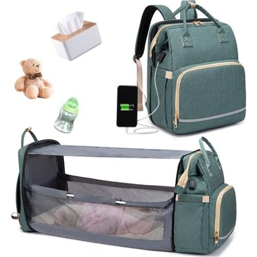 Diaper Bags USB Backpack Foldable Sunscreen Baby Bed Crib Bag Insulation Nursing Stroller Bag With Changing Mat Reflective Strip