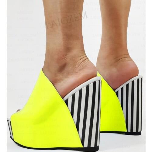 LAIGZEM SUPER Women Slip On Peep Wedge Pumps Platform Party Prom Height Increase Ladies Shoes Woman Stripes Big Size 41 43 46 52