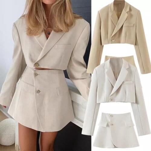 Wenfly Womens Korean New Casual Single Button Short Suit Jacket Outerwear High Waist Button Mini Split Skirt Two Piece Set