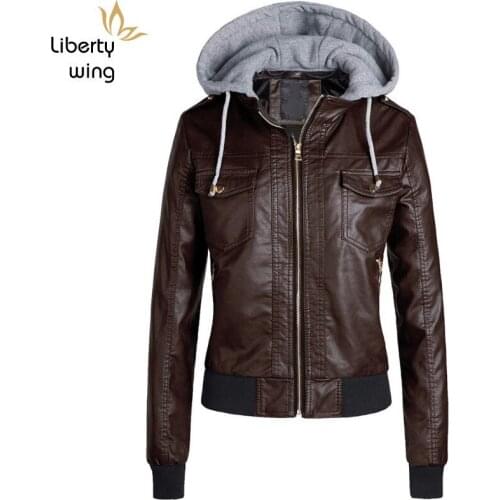 Women Autumn New Hoody Pu Moto Biker Fleece Lining Slim Fit Faux Leather Coat Casual Outwear Zipper Female Jacket