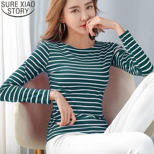 T Shirt for Women Cotton T-shirt 2021 Autumn White Stripe Tees Shirts Long Sleeve Casual Plus Size Tops Round Collar Shirt 8810