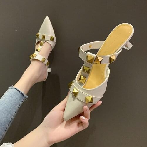 2021 Fashion Rivet Women Genuine Leather Pointed Toe Sandals Ankle Wrap Solid Color Dress Party Summer Shoe Size 34-41 Slippers